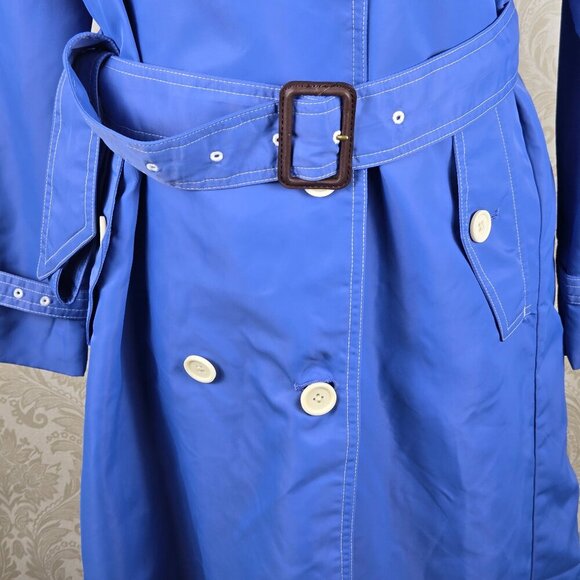 J Crew Size 4 Light Blue Trench Coat White Stitching Double Breasted Nylon Shell - Picture 3 of 16
